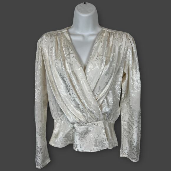 Vintage 80s Nilani Blouse Womens Small Ivory Wrap Floral Satin Balloon Sleeve - Picture 1 of 6